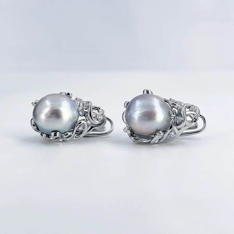 Серьги с бриллиантами, жемчугом из белого золота 585 пробы, фото № 2