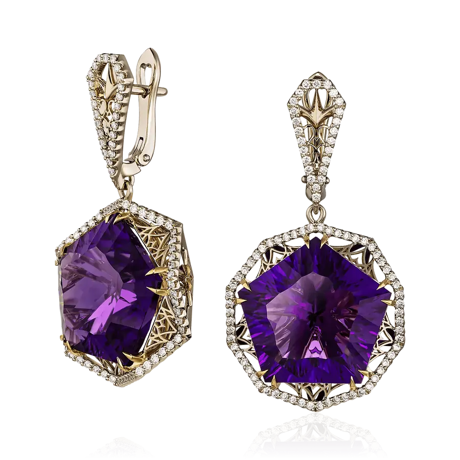 Серьги с аметистом, бриллиантами из комбинированного золота 750 пробы, фото № 1