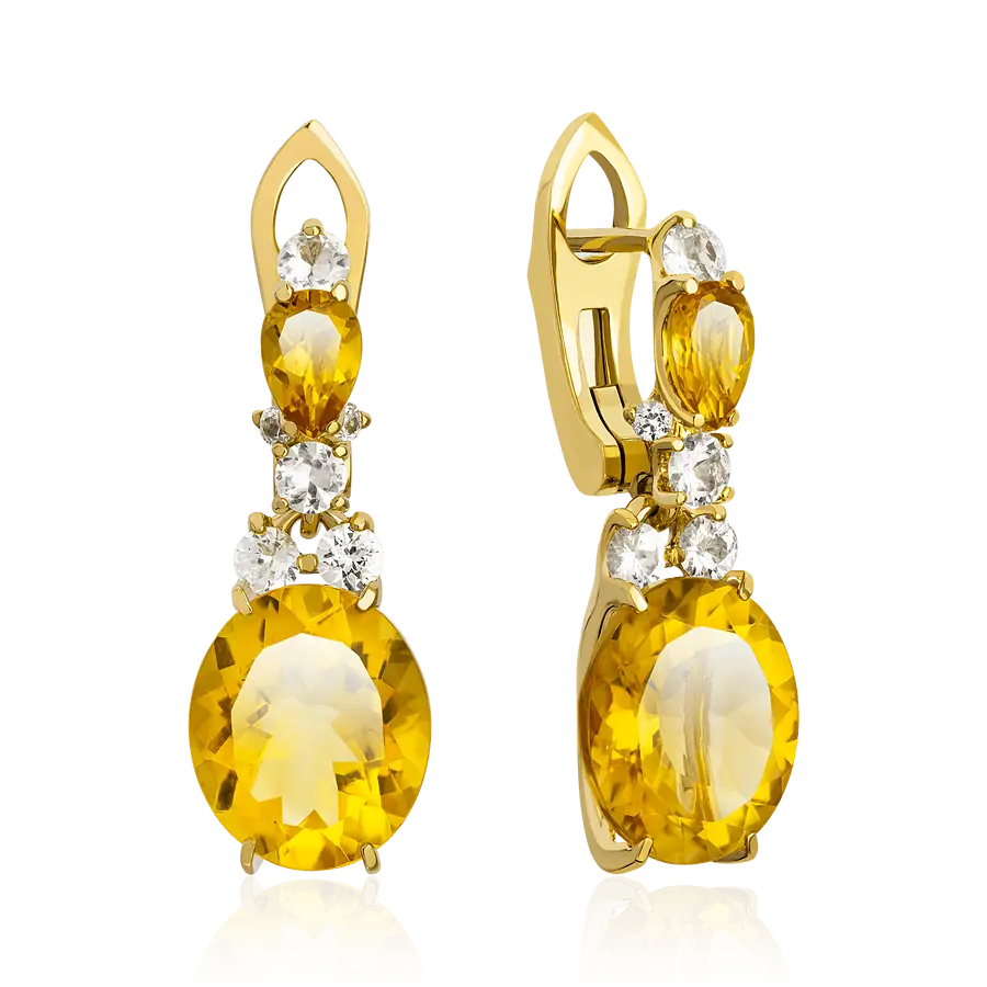 Серьги с цитрином, белыми сапфирами из желтого золота 750 пробы, фото № 1