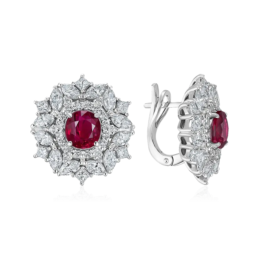 Серьги с рубином, бриллиантами из белого золота 750 пробы, фото № 1