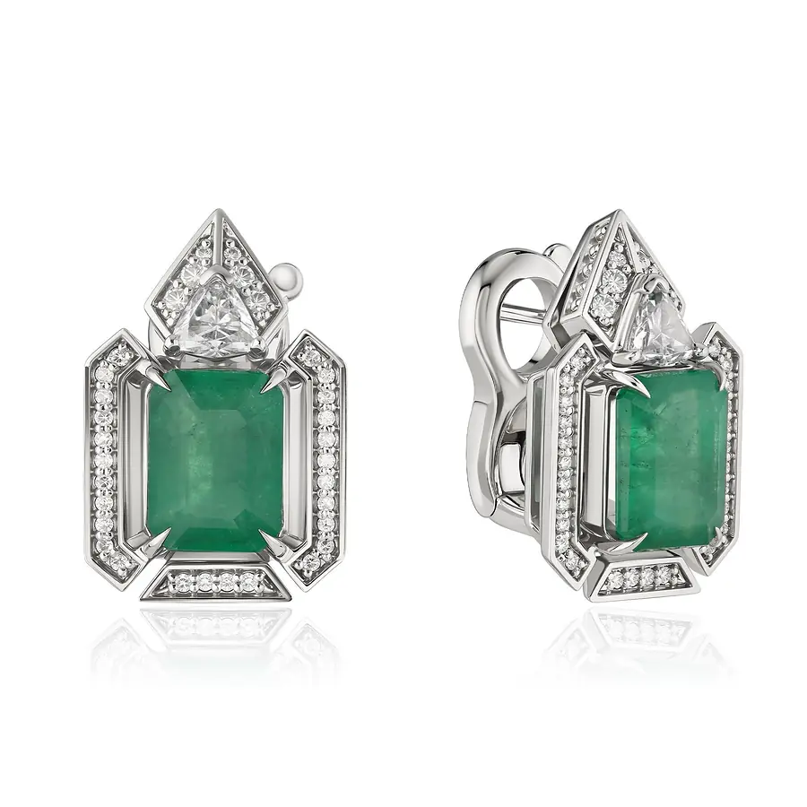 Серьги с бриллиантами, изумрудом из белого золота 750 пробы, фото № 2