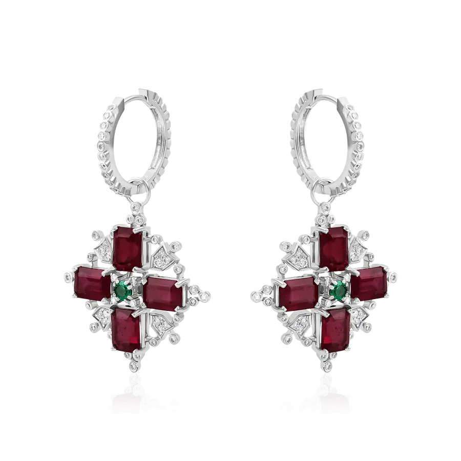 Серьги с рубином, бриллиантами, изумрудом из белого золота 750 пробы, фото № 2