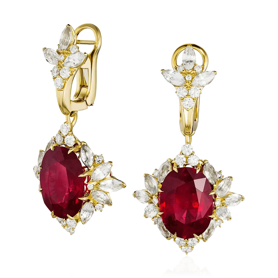 Серьги с рубином, сапфиром, бриллиантами из желтого золота 750 пробы, фото № 1