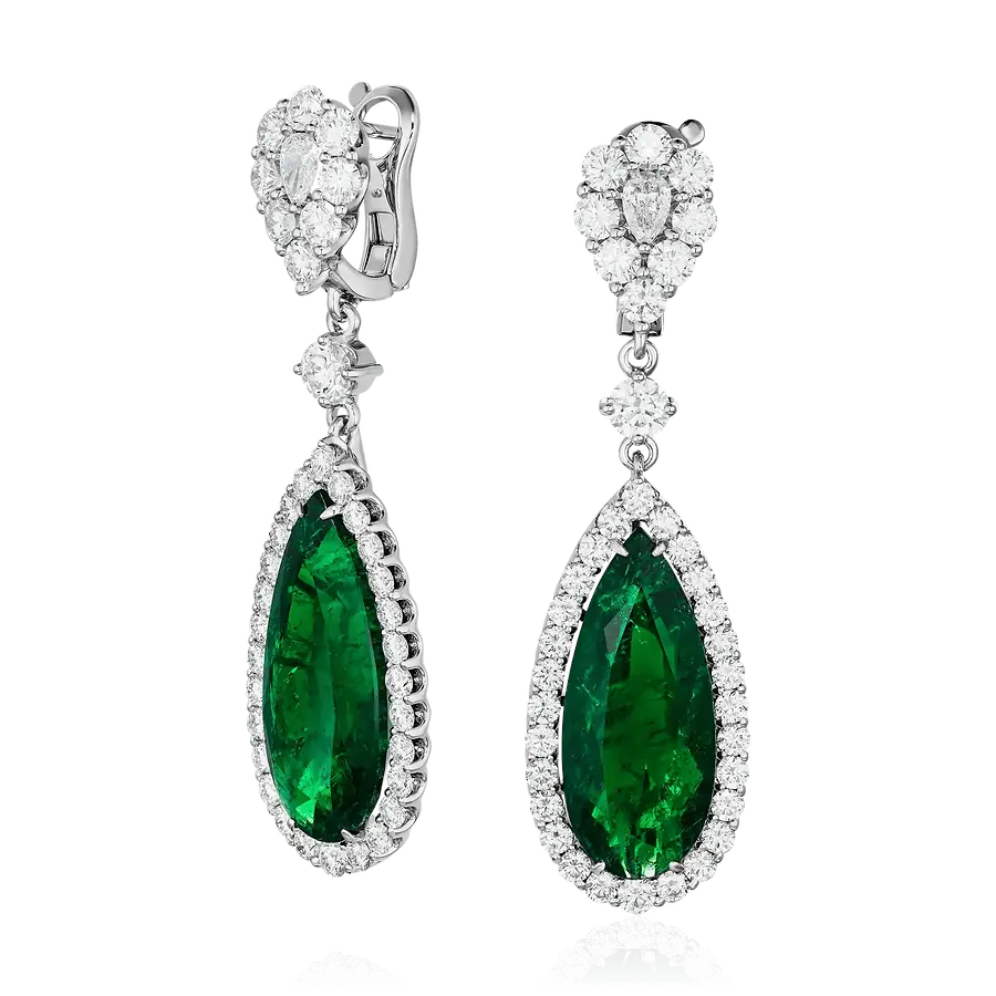 Серьги с изумрудом, бриллиантами из белого золота 750 пробы, фото № 1