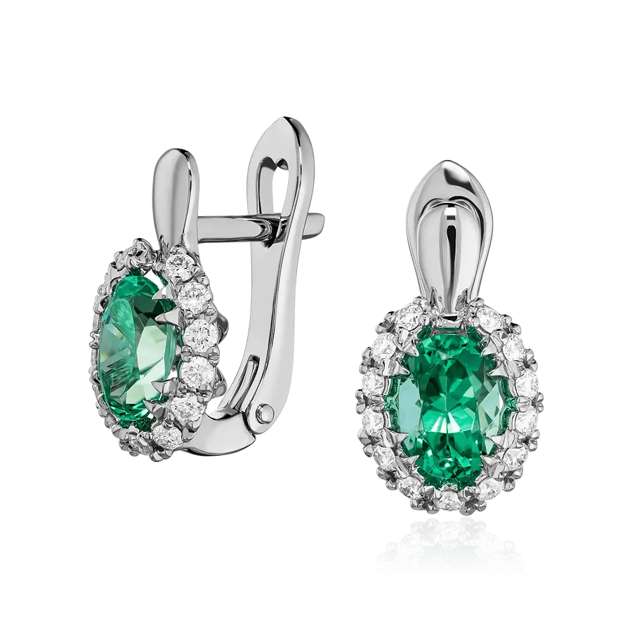 Серьги с изумрудом, бриллиантами из платины  950 пробы, фото № 1