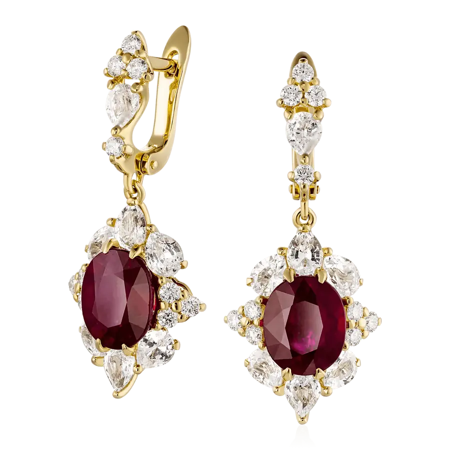 Серьги с рубином, сапфиром, бриллиантами из желтого золота 750 пробы, фото № 1
