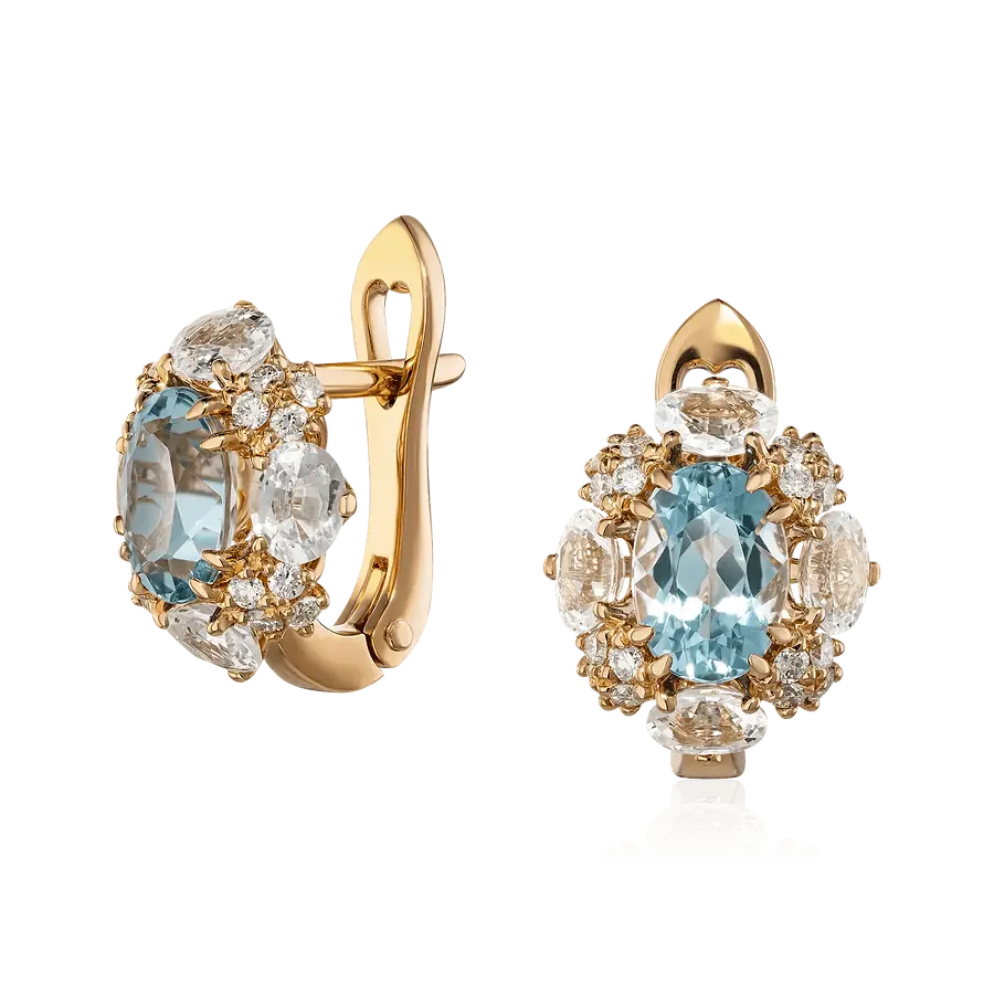 Серьги с аквамарином, сапфиром, бриллиантами из красного золота 585 пробы, фото № 1