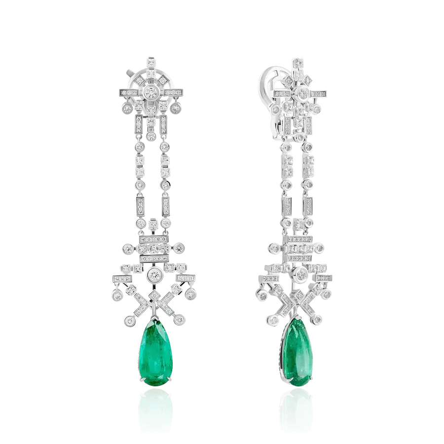 Серьги с бриллиантами, изумрудом из белого золота 750 пробы, фото № 1