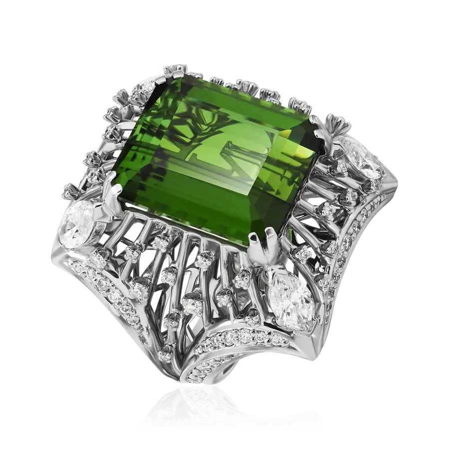 Кольцо с турмалином, бриллиантами из белого золота 585 пробы, фото № 1