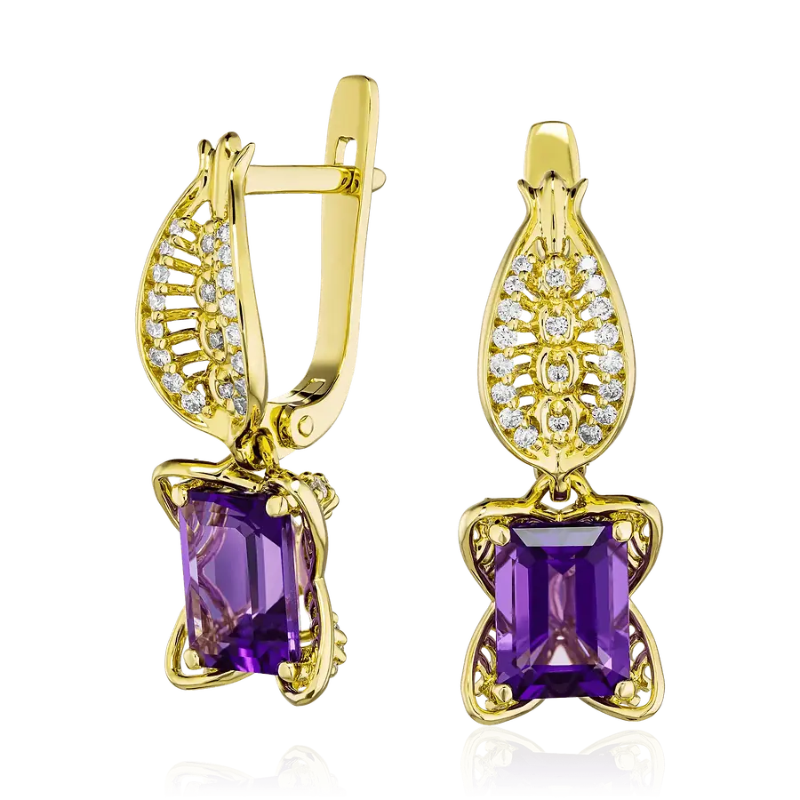 Серьги с аметистом, бриллиантами из желтого золота 750 пробы, фото № 1