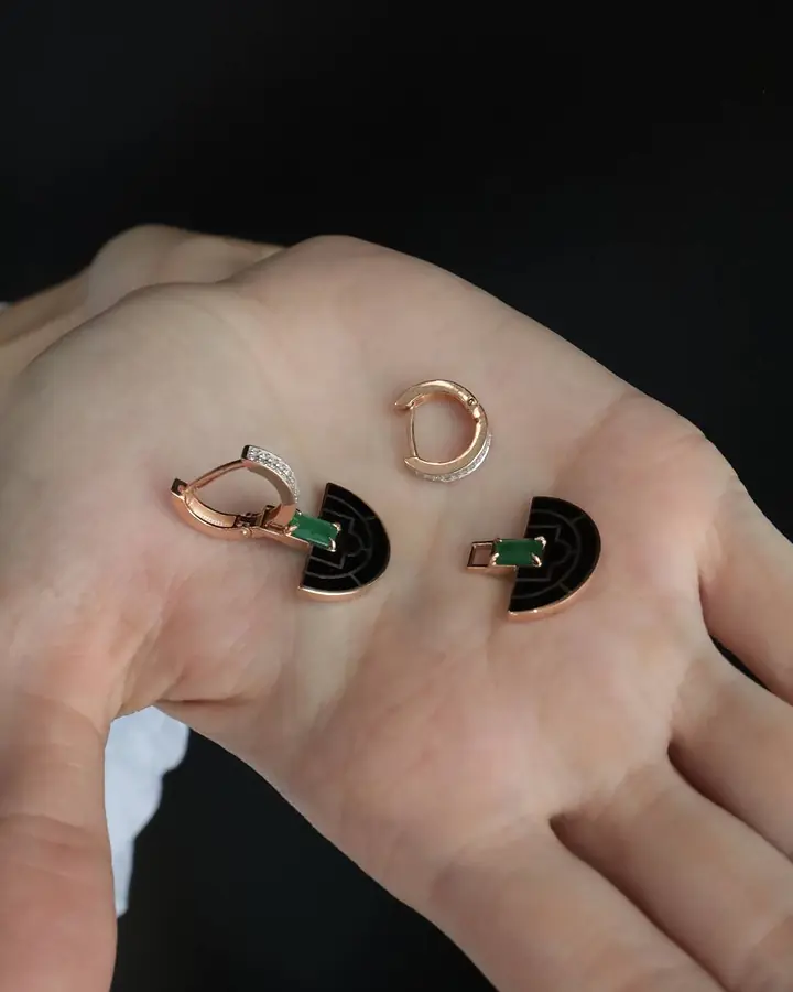 Серьги с изумрудом, бриллиантами из желтого золота 585 пробы, фото № 4