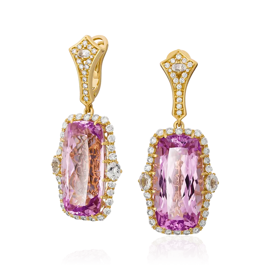 Серьги с кунцитом, сапфиром, бриллиантами из желтого золота 750 пробы, фото № 1