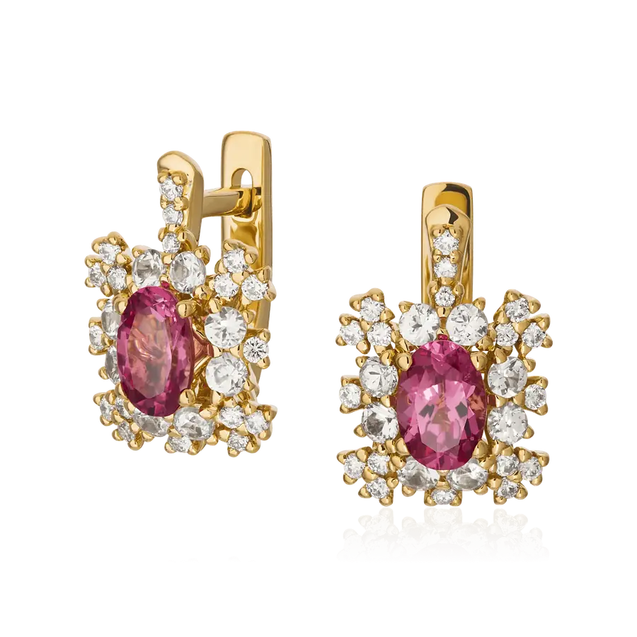 Серьги с шпинелью, сапфиром, бриллиантами из желтого золота 750 пробы, фото № 1
