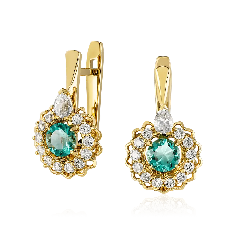 Серьги с изумрудом, сапфиром, бриллиантами из белого золота 750 пробы, фото № 1