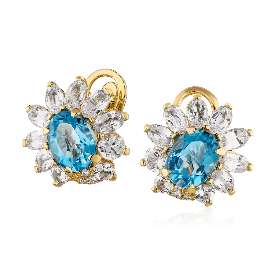 Серьги с топазом, сапфиром, бриллиантами из желтого золота 750 пробы, фото № 1