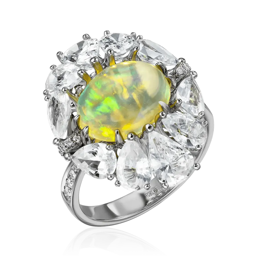 Кольцо с сапфиром, опалом, бриллиантами из белого золота 585 пробы, фото № 1