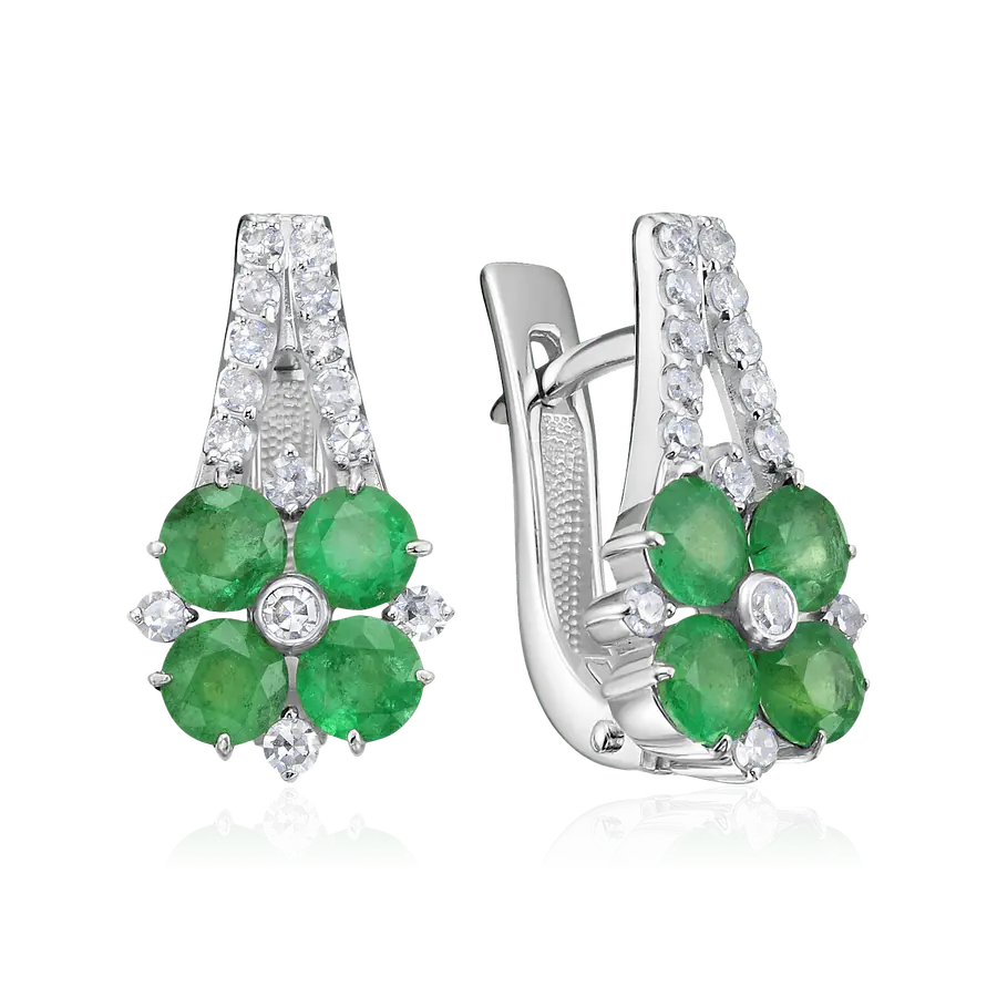 Серьги с изумрудами, бриллиантами из белого золота 585 пробы, фото № 1