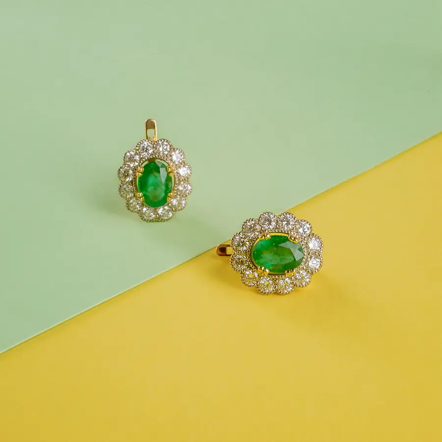 Серьги с изумрудом, бриллиантами из желтого золота 750 пробы, фото № 5