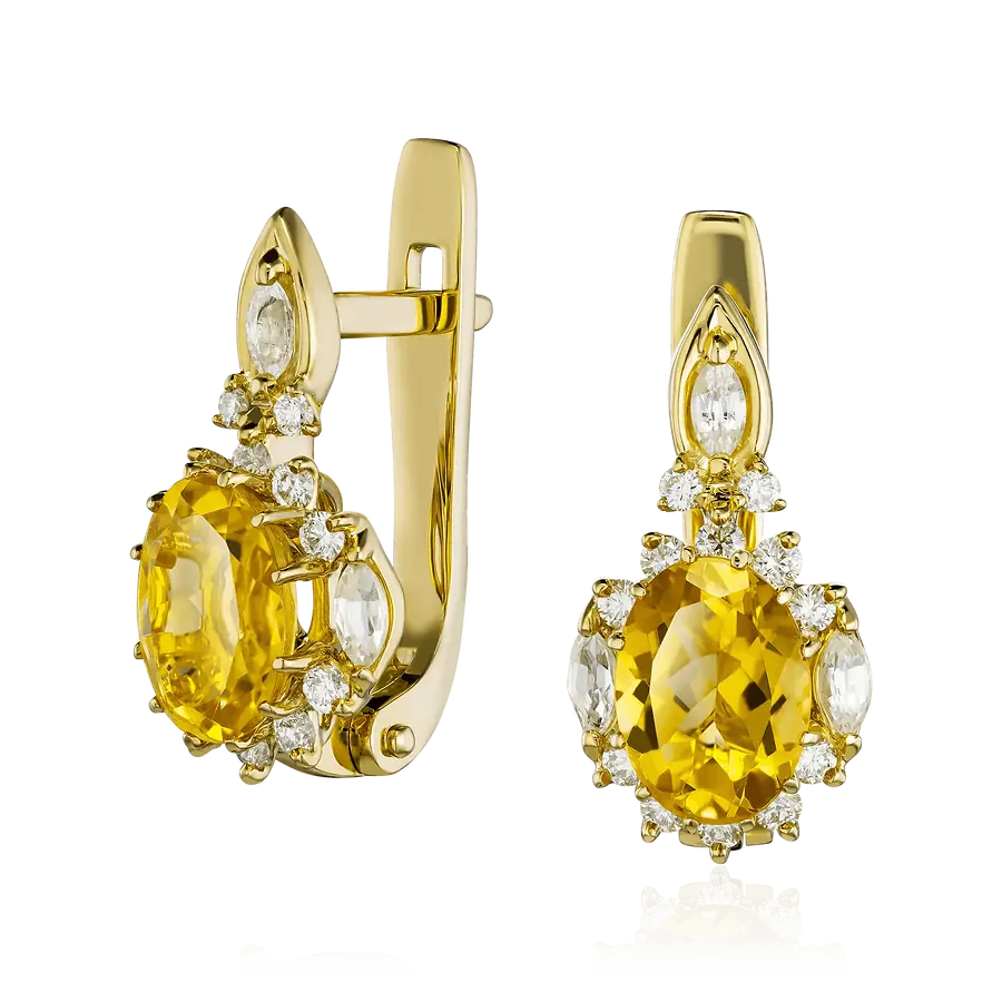 Серьги с цитрином, сапфиром, бриллиантами из желтого золота 585 пробы, фото № 1
