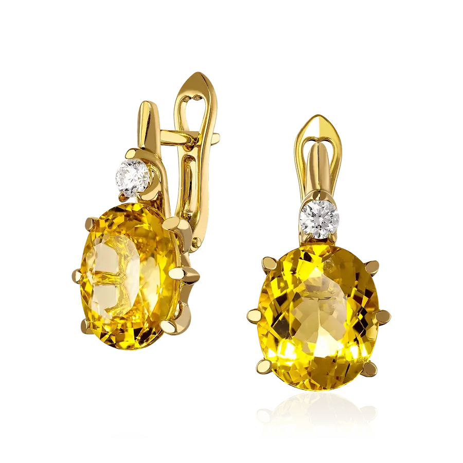 Серьги с гелиодором, бриллиантами из желтого золота 750 пробы, фото № 1