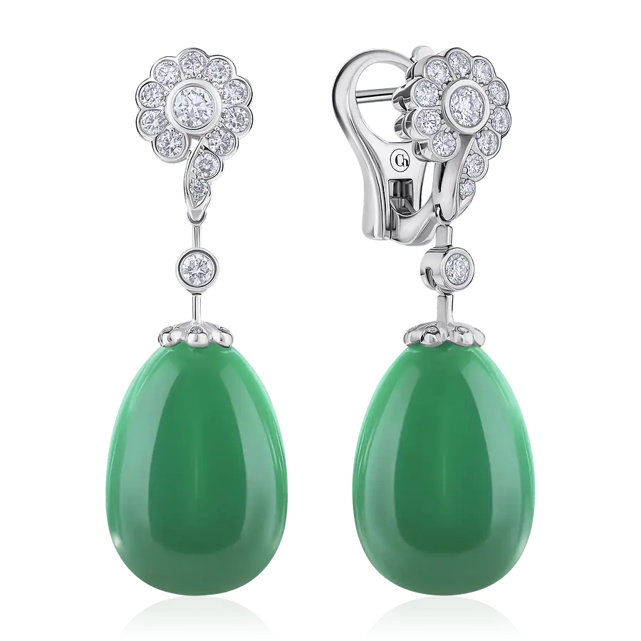 Серьги цветы с кварцем, бриллиантами из белого золота 585 пробы, фото № 1