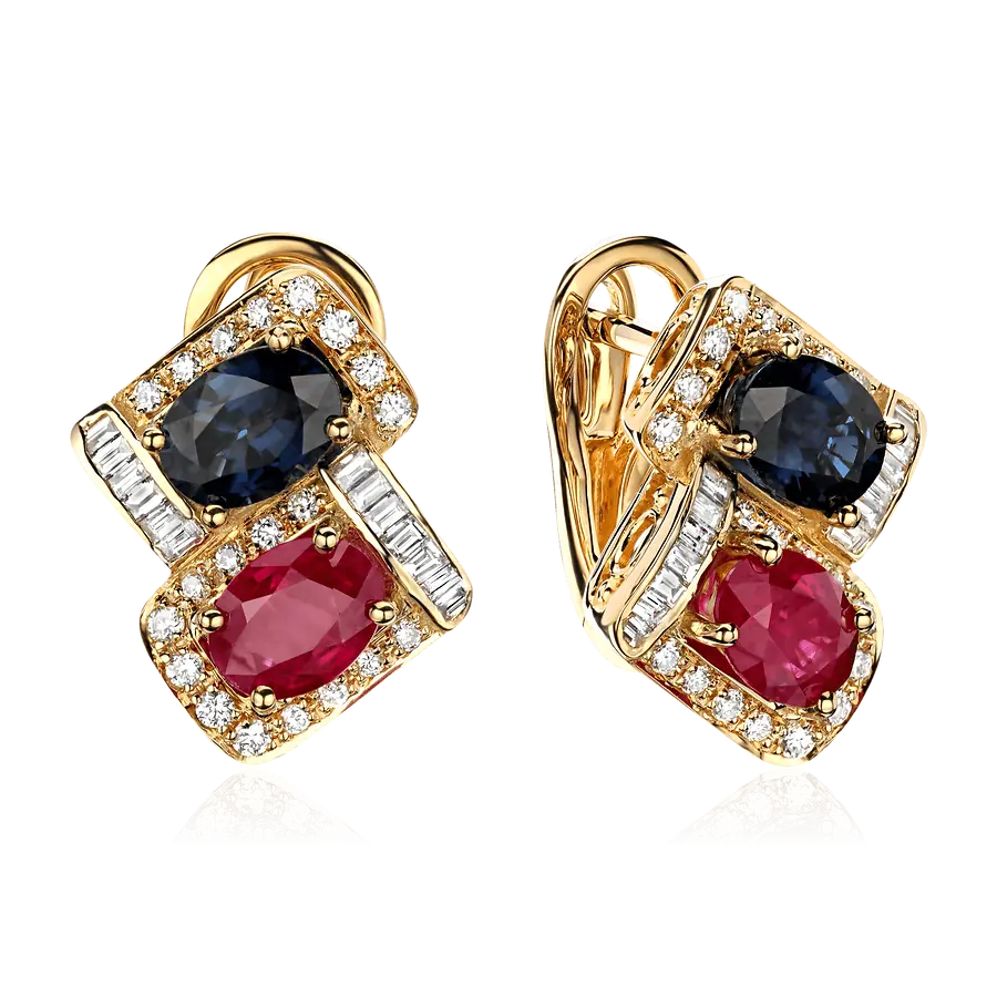 Серьги с рубином, сапфиром, бриллиантами из желтого золота 750 пробы, фото № 1