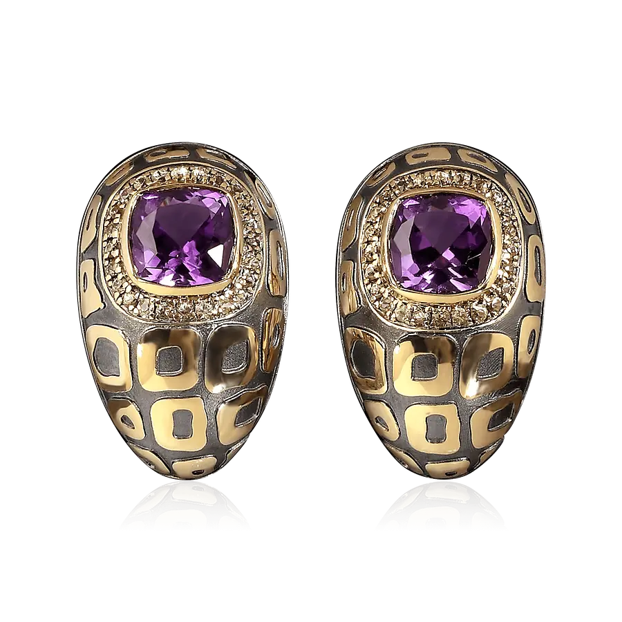 Серьги с сапфиром, аметистом из желтого золота 750 пробы, фото № 1