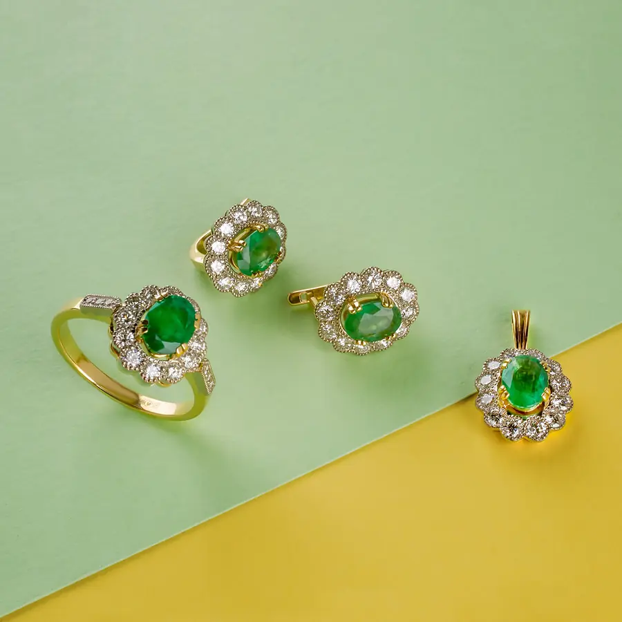 Серьги с изумрудом, бриллиантами из желтого золота 750 пробы, фото № 6