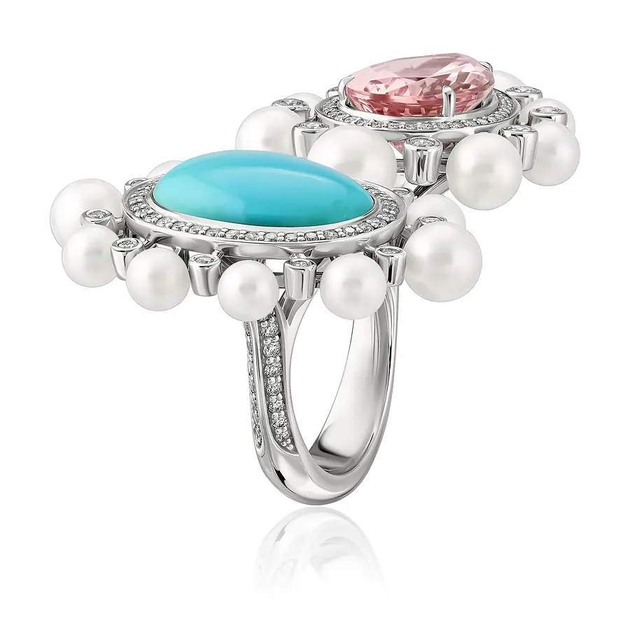 Кольцо с бирюзой, морганитом, жемчугом, бриллиантами из белого золота 750 пробы, фото № 5