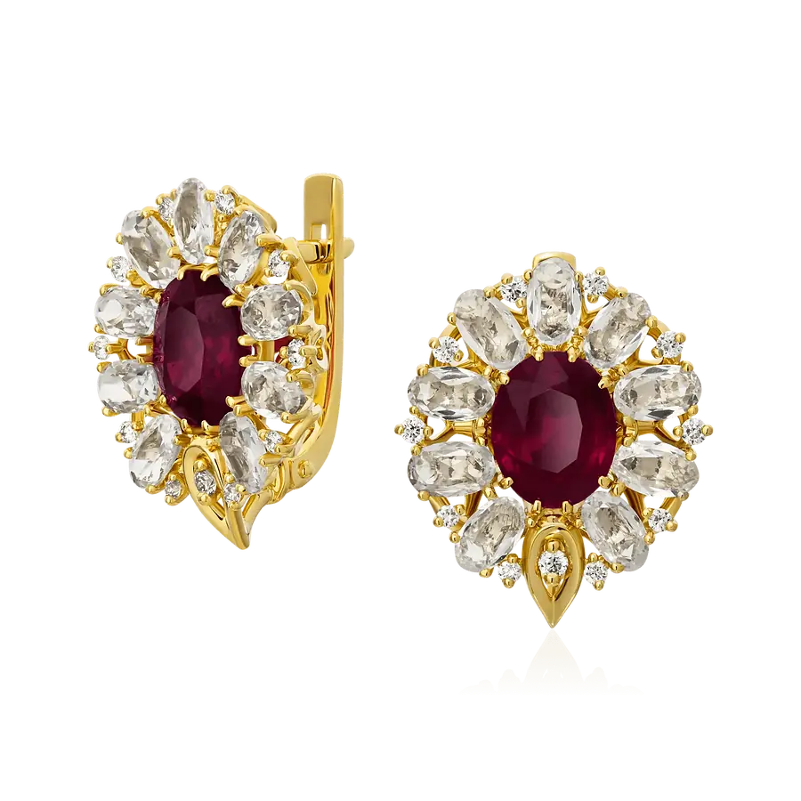 Серьги с рубином, сапфиром, бриллиантами из желтого золота 750 пробы, фото № 1