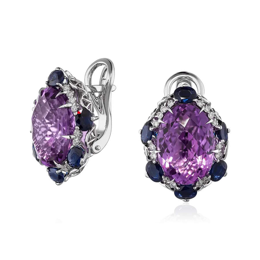 Серьги с аметистом, сапфиром, бриллиантами из белого золота 585 пробы, фото № 1