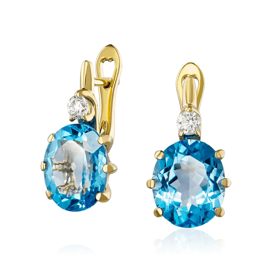 Серьги с топазом, бриллиантами из желтого золота 750 пробы, фото № 1