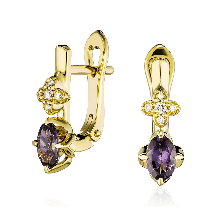 Серьги с шпинелью, бриллиантами из желтого золота 750 пробы, фото № 1