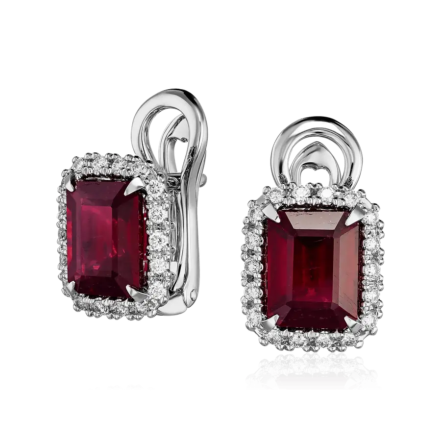 Серьги с рубином, бриллиантами из белого золота 585 пробы, фото № 1