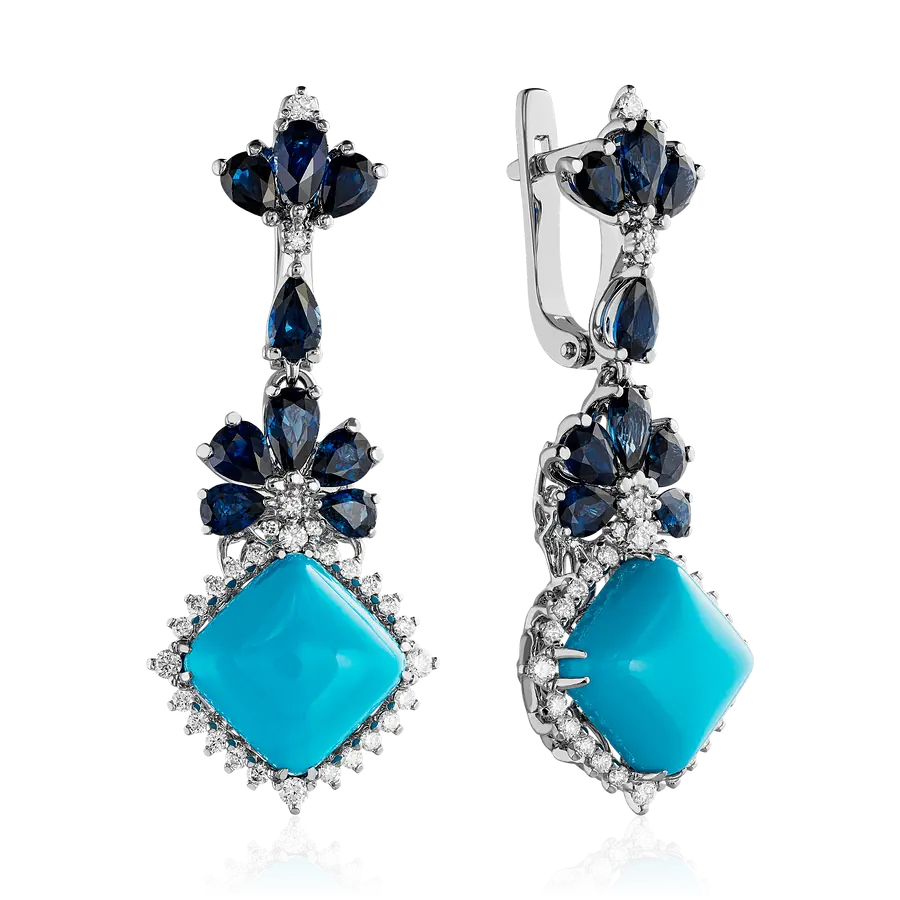 Серьги с бирюзой, сапфиром, бриллиантами из белого золота 585 пробы, фото № 1
