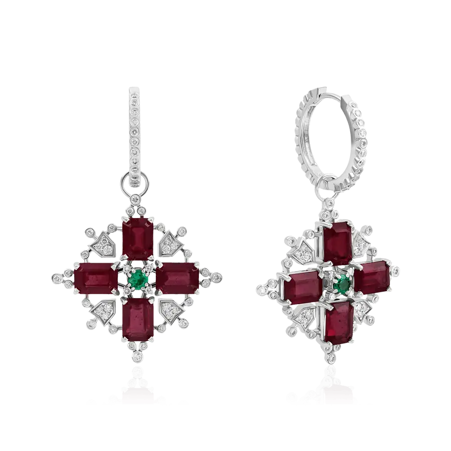 Серьги с рубином, бриллиантами, изумрудом из белого золота 750 пробы, фото № 1