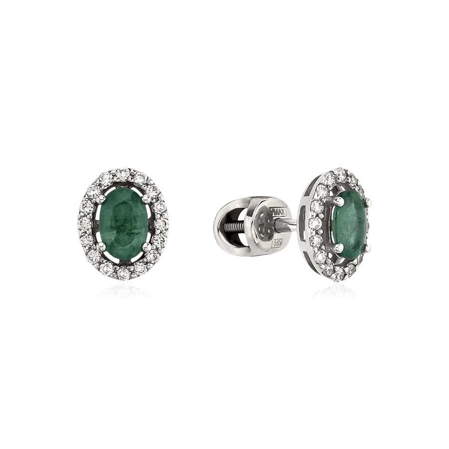 Серьги с изумрудом, бриллиантами из белого золота 585 пробы, фото № 1