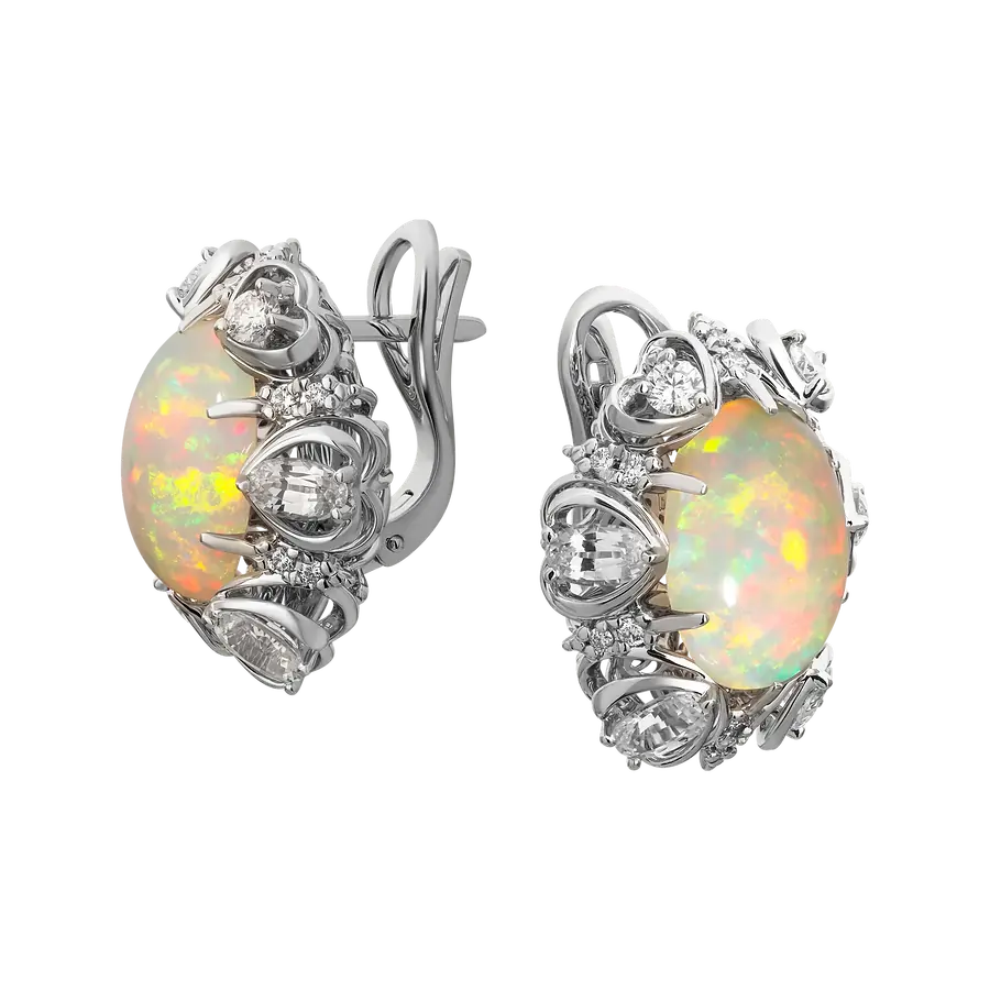 Серьги с опалом, сапфирами, бриллиантами из белого золота 585 пробы, фото № 2