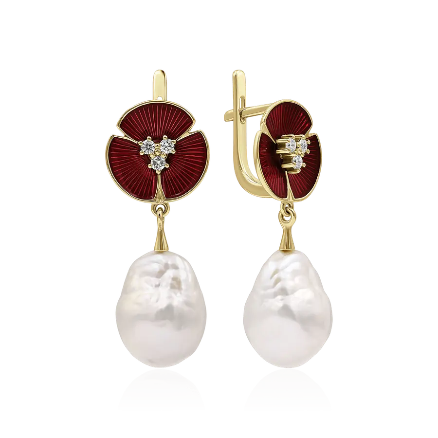 Серьги с жемчугом, бриллиантами из желтого золота 585 пробы, фото № 1