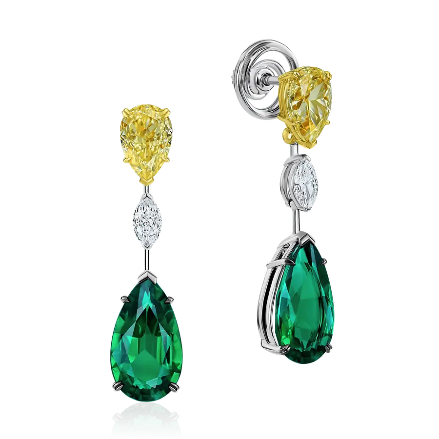 Серьги с изумрудом, бриллиантами из белого золота 750 пробы, фото № 1