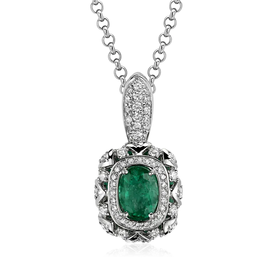Колье с изумрудом, бриллиантами из белого золота 585 пробы, фото № 1