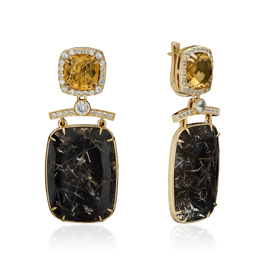 Серьги с кварцем, сапфирами, цитрином из желтого золота 585 пробы, фото № 1
