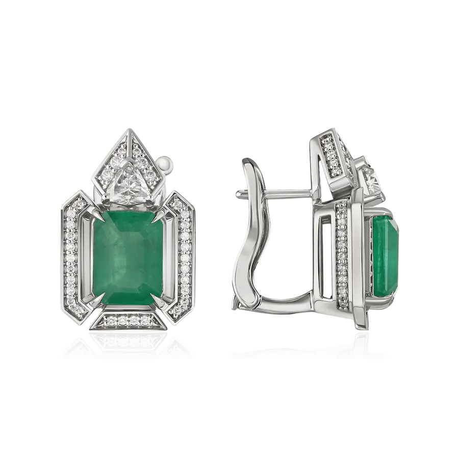 Серьги с бриллиантами, изумрудом из белого золота 750 пробы, фото № 1