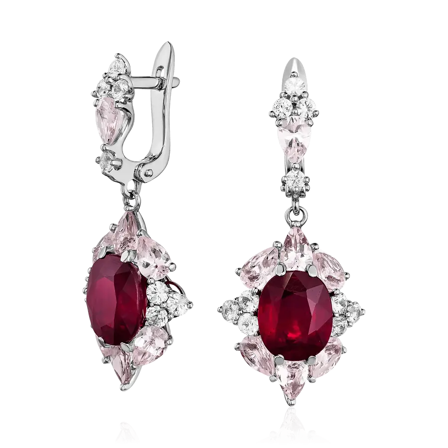 Серьги с рубином, сапфиром, морганитом из белого золота 750 пробы, фото № 1