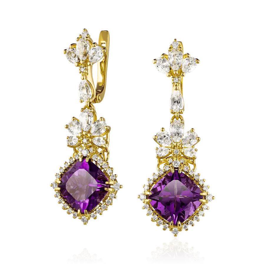 Серьги с аметистом, сапфиром, бриллиантами из желтого золота 750 пробы, фото № 1