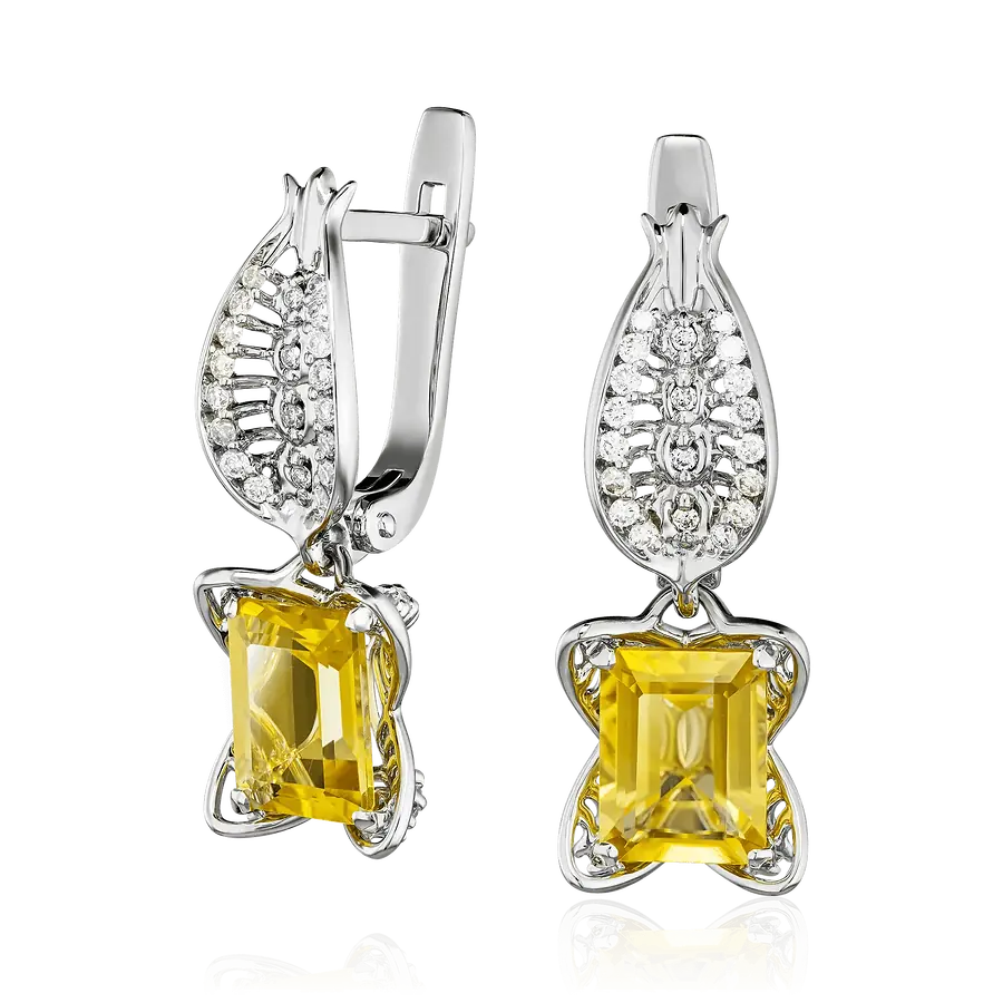 Серьги с цитрином, бриллиантами из белого золота 585 пробы, фото № 1