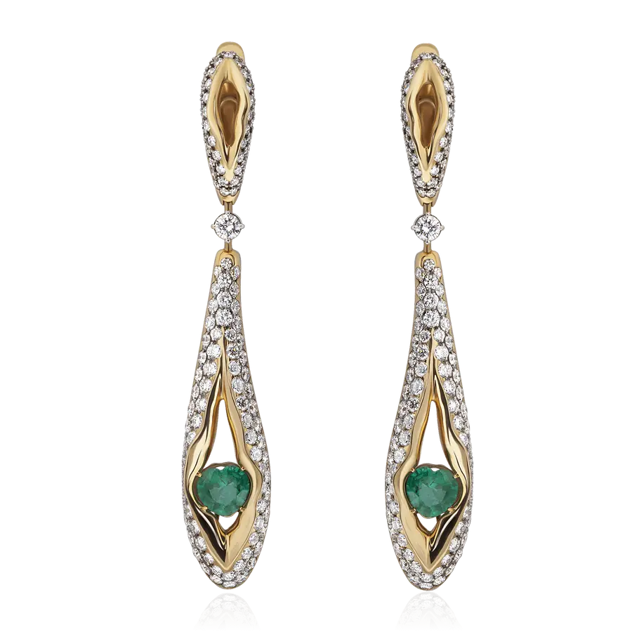 Серьги с изумрудом, бриллиантами из желтого золота 750 пробы, фото № 1