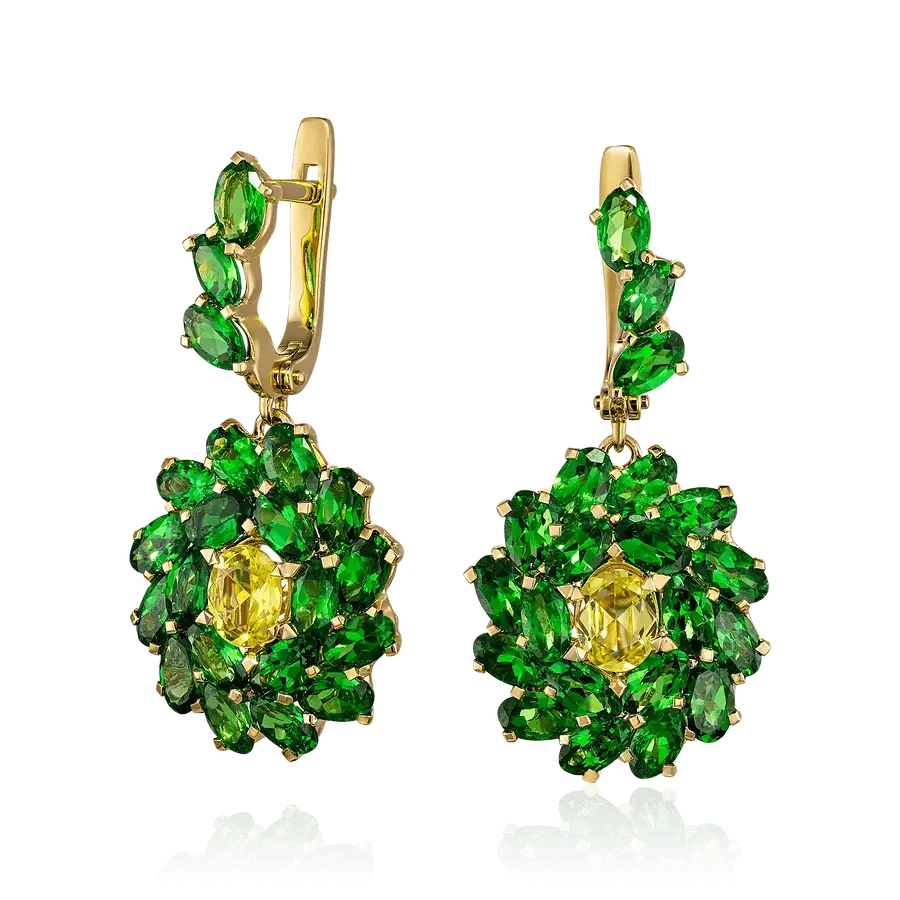 Серьги с сапфиром, тсаворитом из желтого золота 750 пробы, фото № 1