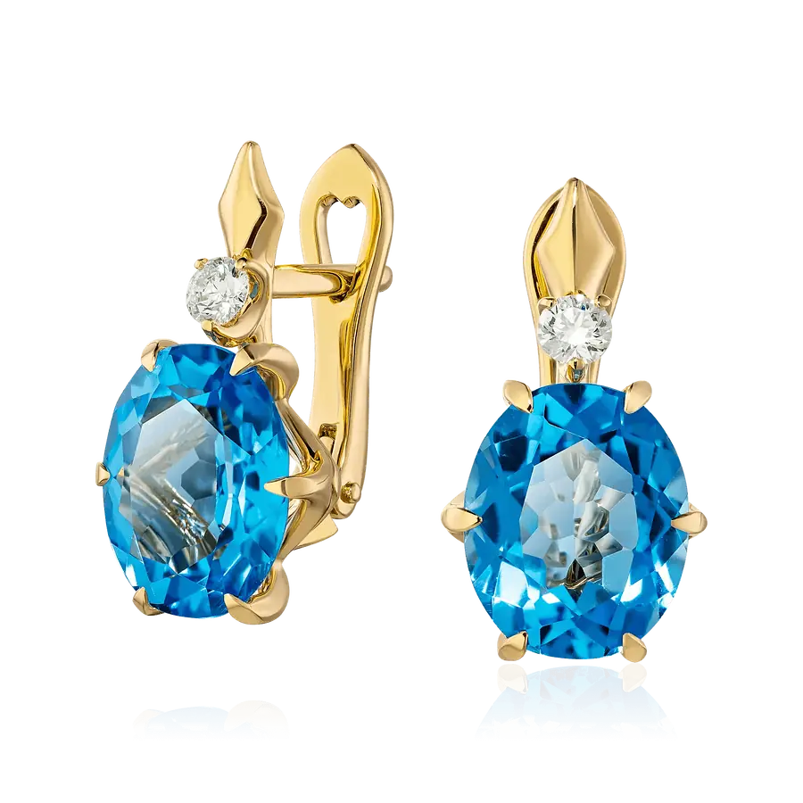 Серьги с топазом, бриллиантами из желтого золота 750 пробы, фото № 1