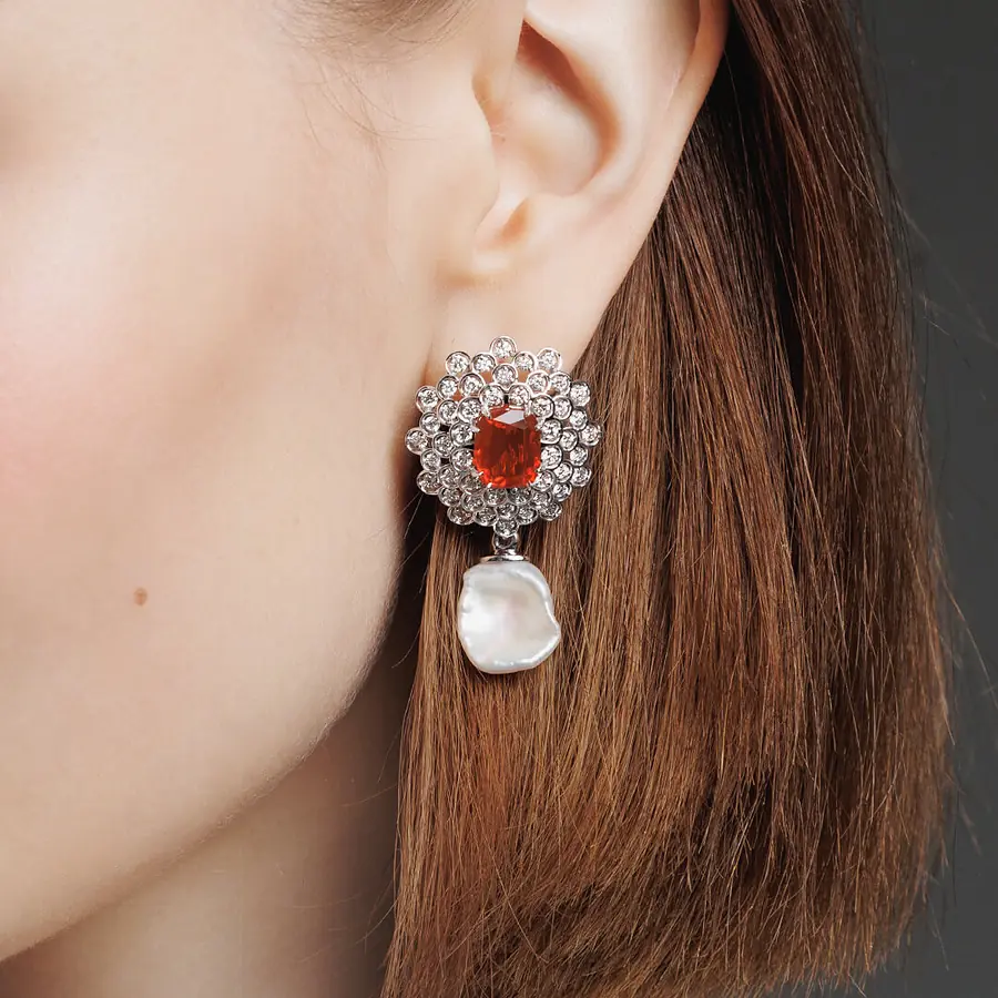 Серьги с бриллиантами, жемчугом, опалом из белого золота 585 пробы, фото № 4